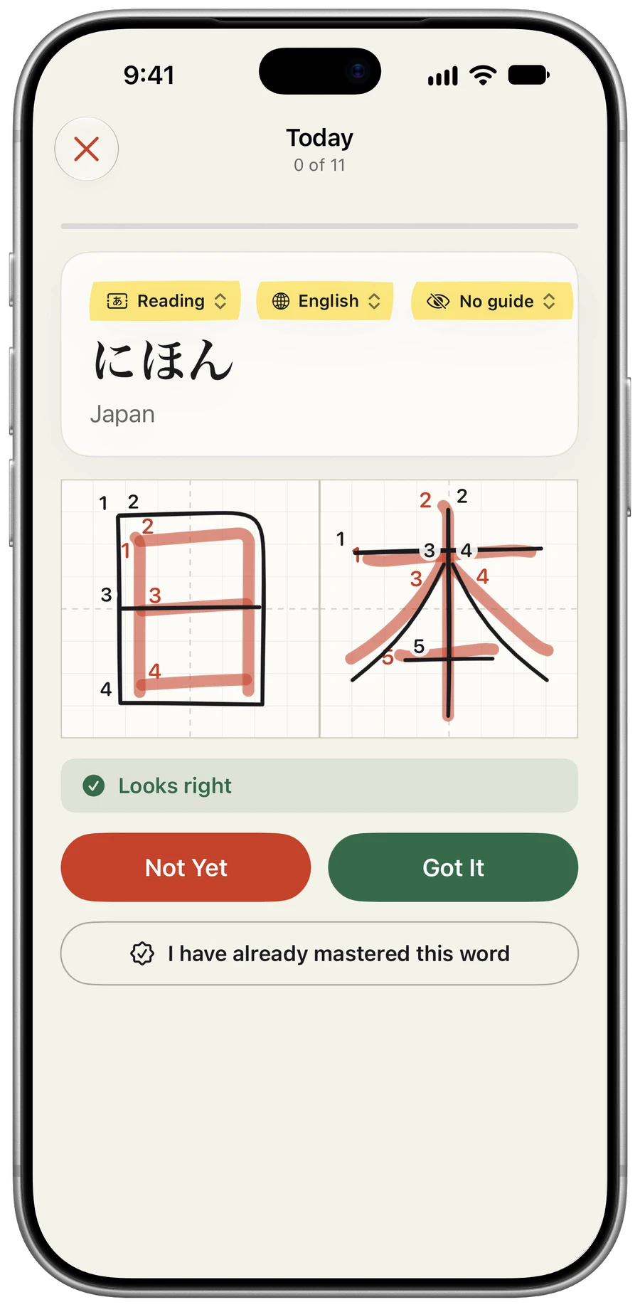 Kaketa on an iPhone after a handwriting check: the reading にほん with the meaning Japan, 日本 written by hand over the correct strokes in red with both numbered, a Looks right verdict, and Not Yet and Got It buttons.